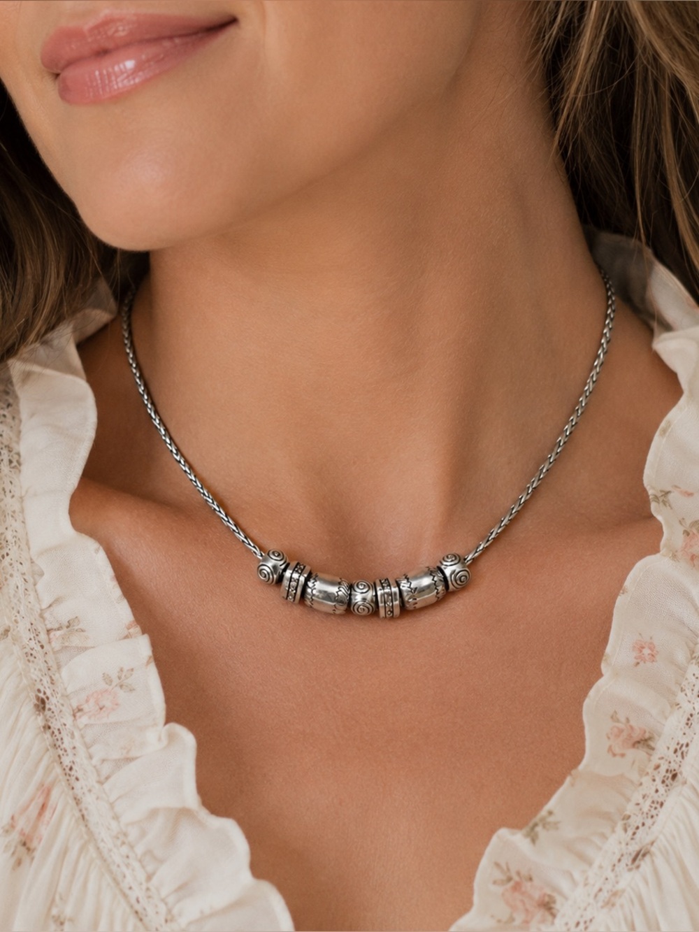 Brighton Calypso Silver Beaded Collar Silver Chain Necklace 16”
